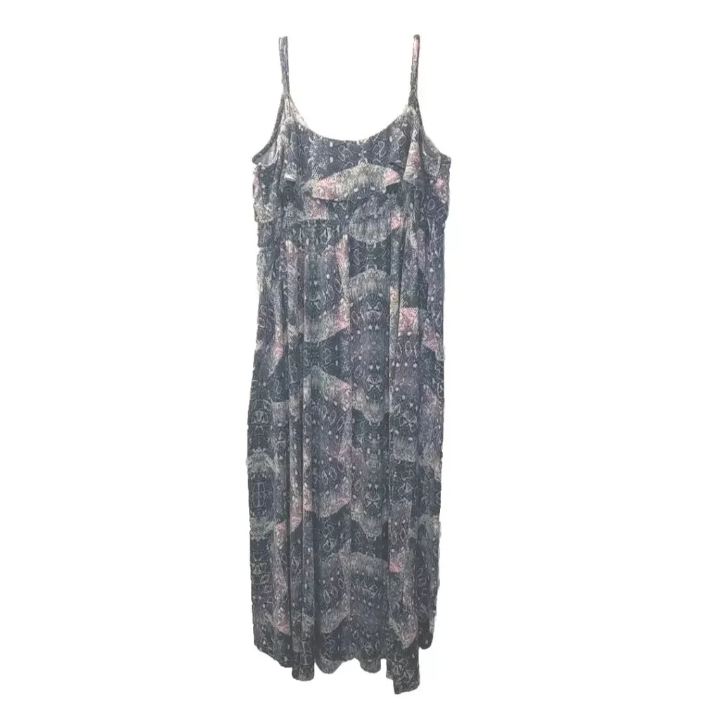 Y2k Vtg Ruffle Maxi Dress Woman Plus 4X Arsty Abstract HiLow Hem Fairy Boho